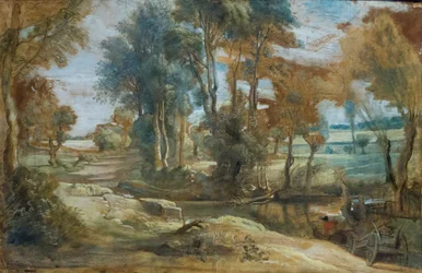Una carreta vadeando un arroyo, c.1625-40 (tiza negra y óleo sobre papel pegado sobre lienzo)