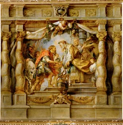 Abrahan ofrece el diezmo al rey-sacerdote Melquisedec de Salem (pintura sobre madera)