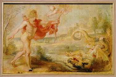 Apolo y la serpiente pitón (pintura sobre madera)