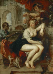 Betsabé en el pozo, un niño trae la carta del rey David (pintura sobre madera de roble)