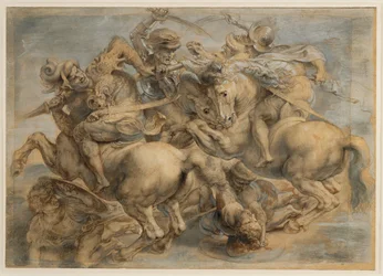 Batalla de Anghiari (tinta marrón, piedra negra, pincel, pluma, realzado con aguada y blanco de plomo)