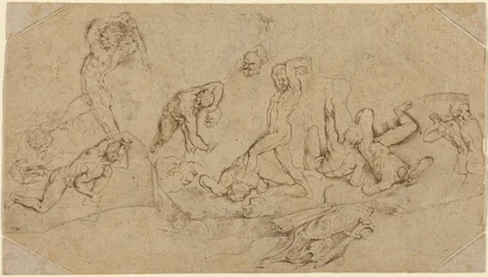 Batalla de hombres desnudos (pluma y tinta marrón sobre tiza negra sobre cuatro trozos cortados irregularmente de dos tipos de papel verjurado; verjurado y con esquinas añadidas)