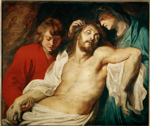 Deploración con Santa María y San Juan apóstol, c.1614-15 (pintura sobre madera de roble)