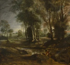 Paisaje vespertino con carro de madera, 1630-1640
