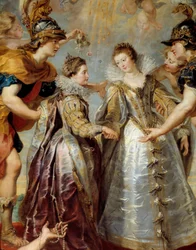 Intercambio de las dos princesas de Francia y España en el río Bidasoa en Hendaya, 9/11/1615. Representación alegórica del matrimonio entre Ana de Austria y Luis XIII por un lado, e Isabel de Francia y Felipe IV por el otro.