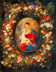 La Virgen, el niño Jesús y ángeles en medio de una guirnalda de flores