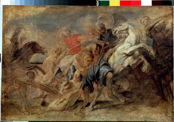 La caza del león. Pintura de Peter Paul (Pierre-Paul) Rubens (o Peter Paul o Petrus Paulus) (1577-1640). Óleo sobre tabla, Dim: 43 x 64 cm, hacia 1621. Arte flamenco, estilo barroco. Museo del Hermitage, San Petersburgo.