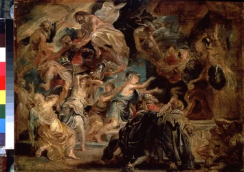 La muerte de Enrique IV (1553-1610) y la proclamación de la Regencia (La muerte de Enrique IV y la Proclamación de la Regencia). Pintura de Peter Paul (Pierre-Paul) Rubens (o Peter Paul o Petrus Paulus) (1577-1640). Óleo sobre tabla, 48 x 65 cm