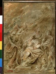 Nacimiento del Delfín Luis XIII (1601-1643) (Nacimiento del Delfín Luis XIII). Pintura de Peter Paul (Pierre-Paul) Rubens (o Peter Paul o Petrus Paulus) (1577-1640). Óleo sobre tabla, 33,6 x 24 cm