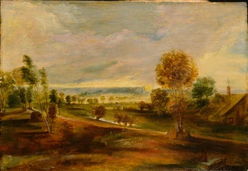 Paisaje con edificios de granja al atardecer, 1600-1640