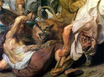 Caza de Leones, (detalle) dos hombres y un león, 1621
