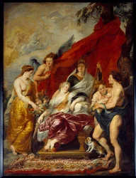 Luis XIII nació en Fontainebleau el 27 de septiembre de 1601. Su madre María de Médicis está sentada en el trono y mira al recién nacido