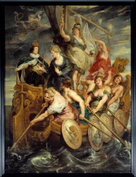 Mayoría de Luis XIII (1601-1643) el 20/10/1614. Alegoría de la ascensión al poder del rey representando un barco guiado por la Fuerza, la Religión y la Justicia avanzando a través de remeros en un mar agitado. La reina María de Médici, madre de Luis XIII, 