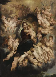 María con el Niño en una corona de ángeles