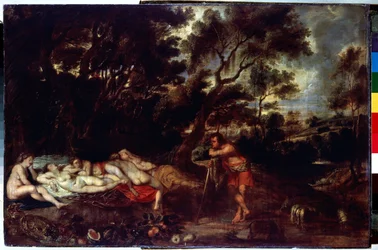 Paisaje con Cimón e Ifigenia (Paisaje con Cimón e Ifigenia). Pintura de Peter Paul (Pierre-Paul) Rubens (o Peter Paul o Petrus Paulus) (1577-1640). Óleo sobre tabla, 49 x 73 cm. Arte flamenco, arte barroco. Museo del Hermitage, San Petersburgo.