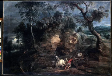 Paisaje con portadores de piedra. Pintura de Peter Paul (Pierre-Paul) Rubens (o Peter Paul o Petrus Paulus) (1577-1640). Óleo sobre lienzo, 86 x 126,5 cm, hacia 1620. Arte flamenco, arte barroco. Museo del Hermitage, St.