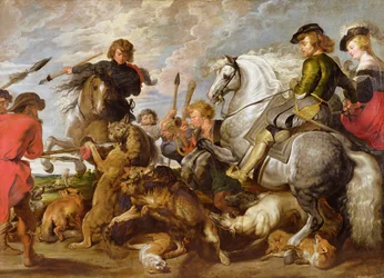 Rubens, su segunda esposa y su hijo en una caza de lobos y zorros, después de un original de Rubens