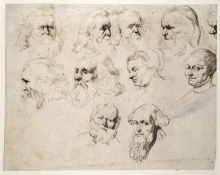 Siete estudios de la cabeza de un anciano barbudo, con otros dos de cabezas de hombres diferentes y dos de una mujer, una con gorra, c.1616
