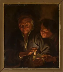 Anciana y niño con una vela
