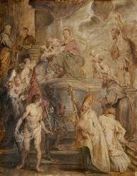 El matrimonio místico de santa Catalina (boceto en color para el altar de la iglesia de los padres agustinos en Amberes), reverso: dos batallas de caballería