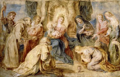 La Virgen y el Niño entronizados adorados por ocho santos