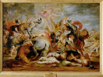 La muerte del cónsul Decio Mus (pintura sobre madera)