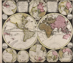 Diversa orbis Terrae visu incedente per coluros Tropicorum ambos ejus polos et particularis sphaerae zenith in planum orthographica projectio quibus additae pro variato horizonte omnium positiones eorumdemque mutua cum circulis caelestibus relatio  Plat O