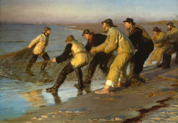 Pescadores tirando redes en la playa de Skagen
