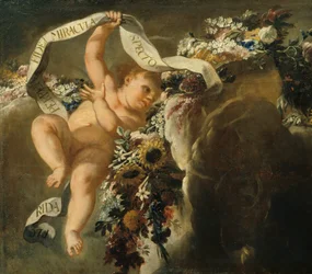 Putto con hilo floral y pancarta