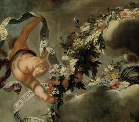 Putto con hilo de flores y banderola