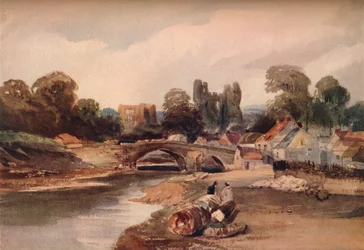Un pueblo en un río, con puente y ruinas, c1824
