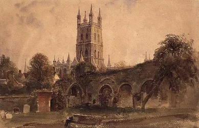 Catedral de Gloucester con las ruinas de la iglesia de Santa Catalina, c.1840