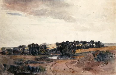 Paisaje con árboles y ganado junto a un estanque