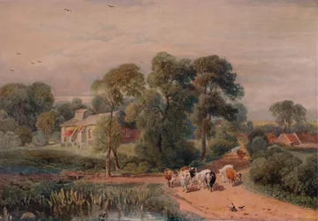 Escena de carretera con ganado, siglo XIX