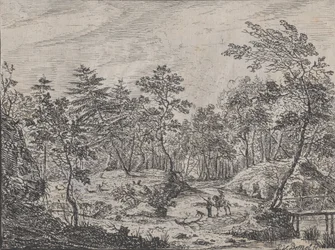 Paisaje forestal con un jinete conversando con un hombre en el centro, un puente peatonal a la derecha, 1716