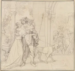 Siete dibujos de los Nibelungos: 4. Siegfried preparado para la caza. 1812-17