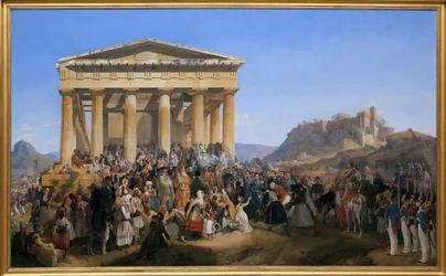 La entrada del Rey Othon I de Grecia (1815-1876) a Atenas, recibido por la multitud frente al templo de Hefesto (Hephaisteion) o Theseion en el Ágora (Grecia)