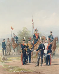 Un grupo de oficiales y soldados de los regimientos de lanceros de la Guardia de Vida de Sus Majestades