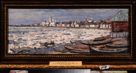 Deriva de hielo en el Volga, cerca de Yaroslavl (Rusia). Obra de Piotr Ivanovich Petrovichev (Piotr Petrovitchev) (1874-1947), óleo sobre cartón