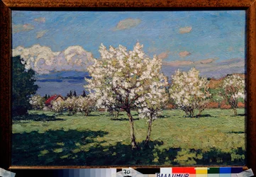 Los cerezos en flor. Pintura de Pyotr Ivanovich Petrovichev (Pyotr Petrovitchev) (1874-1947), óleo sobre lienzo