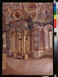 El interior de la iglesia de San Juan Evangelista en Rostov (Rusia). Obra de Piotr Ivanovich Petrovichev (Piotr Petrovitchev) (1874-1947), óleo sobre tabla