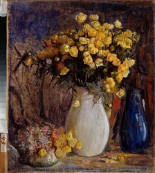 Nenúfares en una jarra blanca - Pintura de Pyotr Ivanovich Petrovichev (Pyotr Petrovitchev) (1874-1947), óleo sobre lienzo - Arte ruso de finales del siglo XIX-XX, modernismo - Museo Estatal de Arte V Surikov, Krasnoyarsk (Rusia)