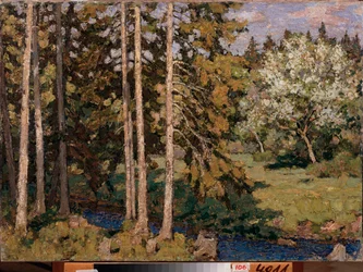 Manzanos en mayo. Pintura de Pyotr Ivanovich Petrovichev (Pyotr Petrovitchev) (1874-1947), óleo sobre lienzo. Arte ruso, paisaje del siglo XX, modernismo. Galería de Arte Regional, Chelyabinsk (Rusia).