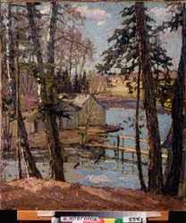 La primavera. En un estanque. Pintura de Pyotr Ivanovich Petrovichev (Pyotr Petrovitchev) (1874-1947), óleo sobre lienzo