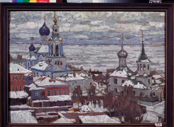 Rostov (Rusia) en invierno. Oeuvre de Pyotr Ivanovich Petrovichev (Piotr Petrovitchev) (1874-1947), gouache et tempera sur carton
