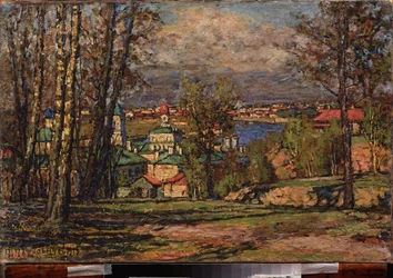 Vista de Moscú desde Vorobievy Gori (Montañas del Gorrión) (en la orilla derecha del río Moscú). Pintura de Pyotr Ivanovich Petrovichev (Pyotr Petrovitchev) (1874-1947), óleo sobre lienzo