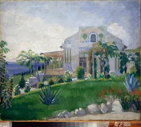 Vue de la propriete Zhukovsky (Joukovsky) a Kuchuk Koy (Ucrania) (Vista de la finca Zhukovsky en Kuchuk-Koy) - Oeuvre de Pyotr (Piotr, Petr) Savvich Utkin (Outkine) (1877-1934), témpera sobre tela
