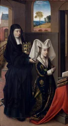 ""Retrato de Isabel de Portugal (1397-1471) representada con Santa Isabel"" (Isabel de Portugal con Santa Isabel) Pintura de Petrus Christus (1410/20-1475/76) - 1457-1460 - Óleo sobre tabla Dim 59x33 cm Museo Groeninge, Brujas