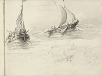 Dos veleros con figuras en el mar