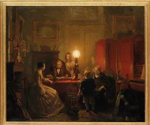Una familia reunida alrededor de una mesa iluminada por una lámpara, 1854